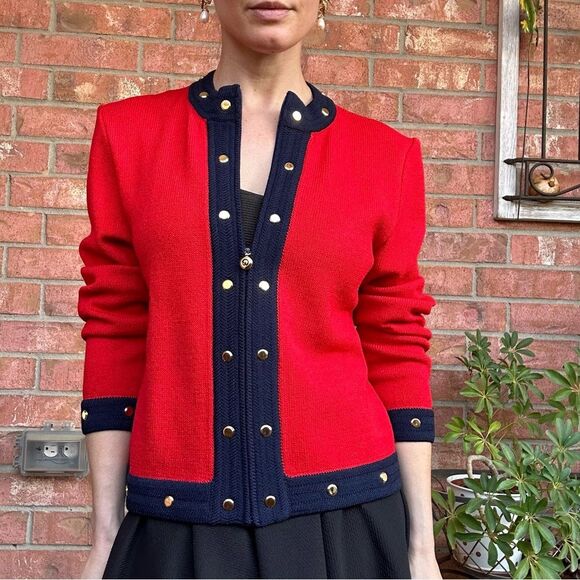 St. John Red Navy Zip Sweater Jacket Sz 2 Santana Knit Studded Preppy Office - Picture 6 of 13